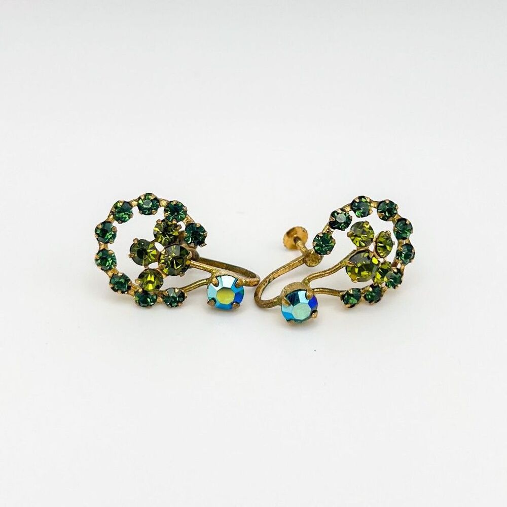Vintage Austria Rhinestone Floral Earrings Green AB Gold Tone Screw Back